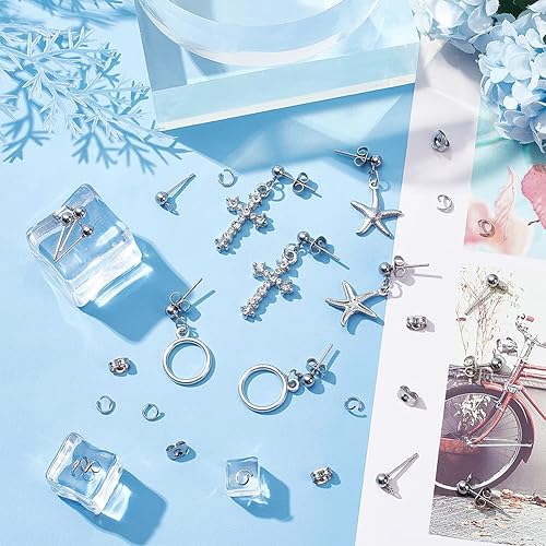 Miniatura 6 de PH PandaHall 300 aretes de bola, de acero inoxidable 304, con parte trasera de aretes de mariposa y anillos abiertos para hacer aretes de joyería