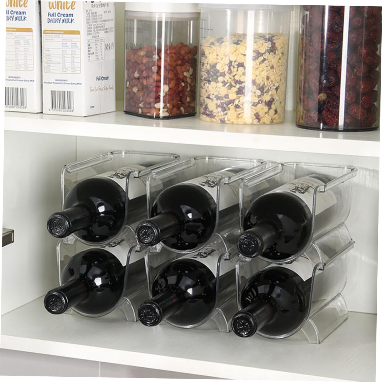 2 estantes apilables para vino, contenedor de almacenamiento transparente para botellas de vino, bebidas y agua, ahorro de espacio para el hogar, bar, oficina y comedor