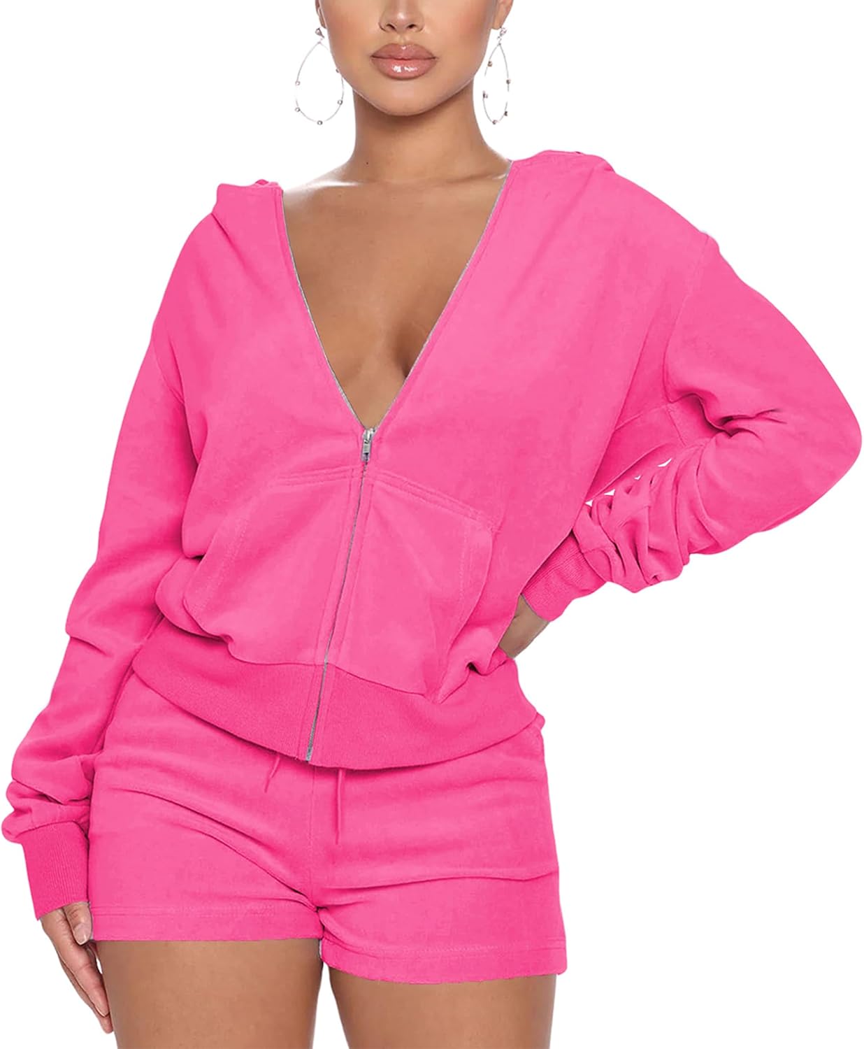 SMSN Women 2 Piece Outfits Sweatsuit Shorts Sets, Velvet Tracksuit Long Sleeve Hooded Zipper Jacket Casual Sweat Set