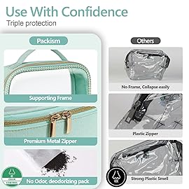 PACKISM TSA Approved Toiletry Bag 1 Large 1 Medium - 2 Pack Glitter Textured Clear Makeup Bag, Personalized and Fashion, with 180 Large Opening and Supporting Frame, Green