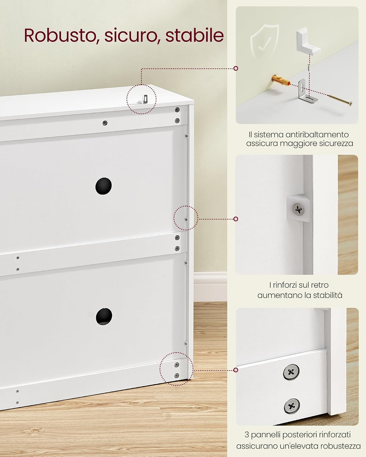 Diagram showing the stability features of the VASAGLE shoe cabinet, including anti-tipping kit and reinforced back panels.