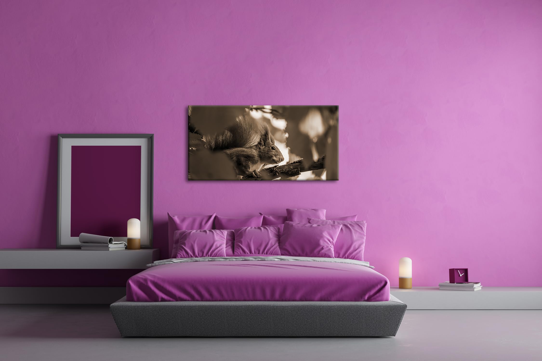 Joli panorama écureuil ravissant 100 x 50 cm - Effet : sépia comme toile - Motif prêt à être encadré sur un cadre en bois véritable - Impression numérique de qualité supérieure avec cadre