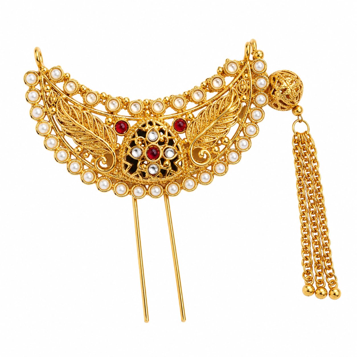 Perfect Poze Royal Antique Gold-Tone Heritage Juda Pin for Women | Bun Hair Pin, Chain Tassel Detail, Pearl Embellished, Kundan Work, Traditional Design - PP-BCP1016-image-45
