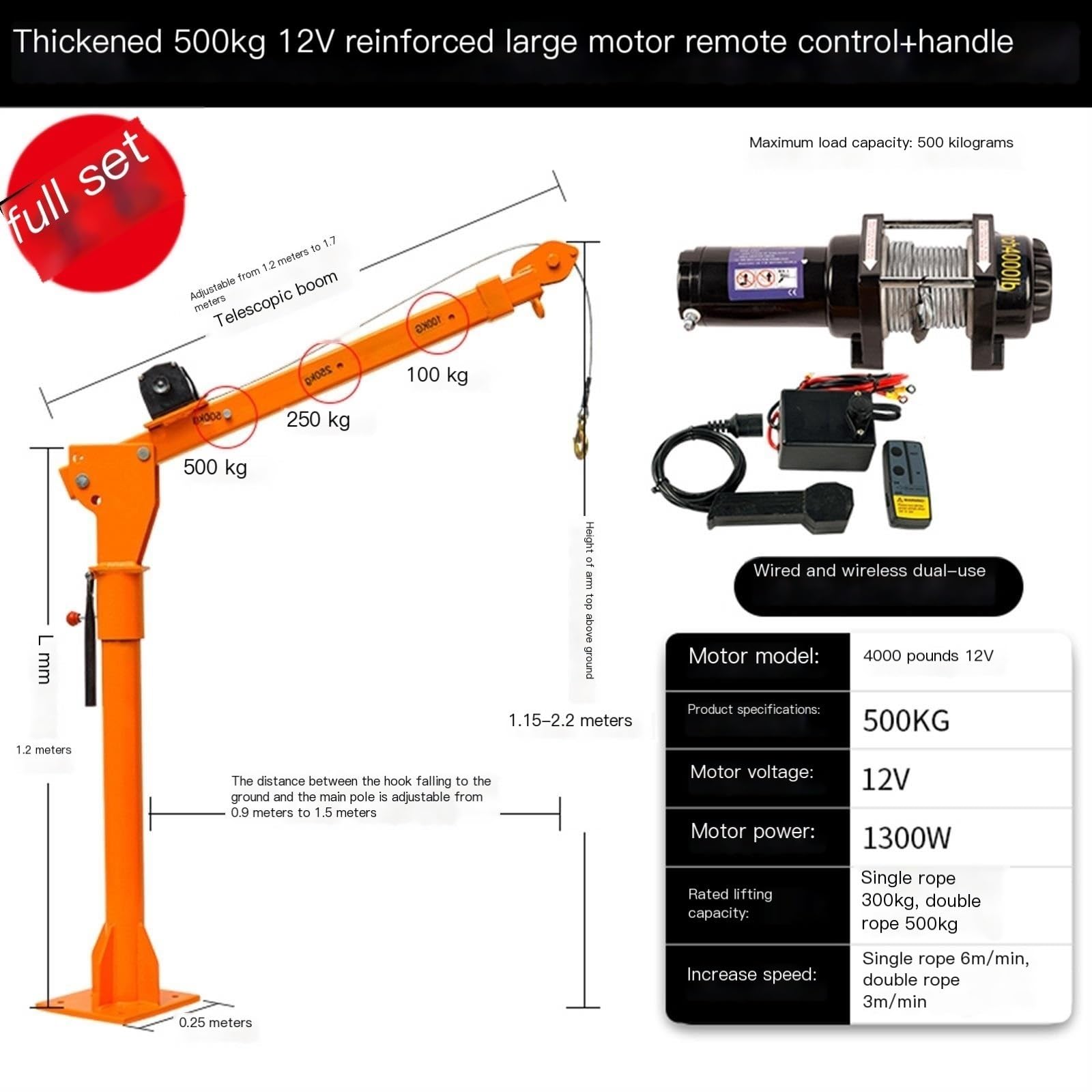 SDdPulse Manivela/grúa eléctrica pequeña, grúa doméstica montada en vehículo 12 V 24 V, elevación montada en camión, 500 kg hidráulica B, 500 kg 12 V potente motor B