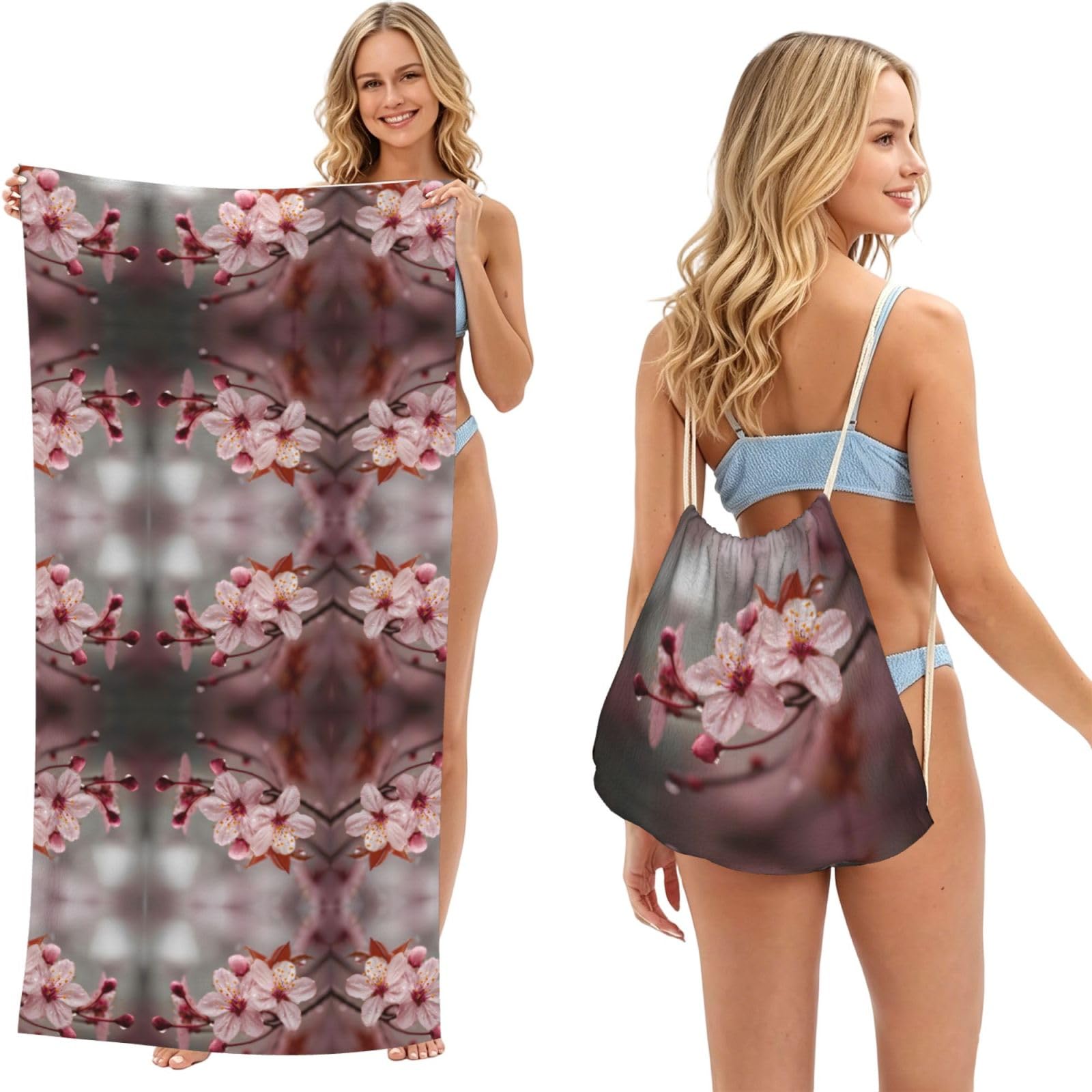 ESNAIUVCD Cherry Blossom Print Beach Towel For Adults,Towel With Drawstring Bag, Travel Pool Swimming Sports Shower Sand Free Quick Dry Bath Towel For Pool, Beach, Yoga- 180x60cm