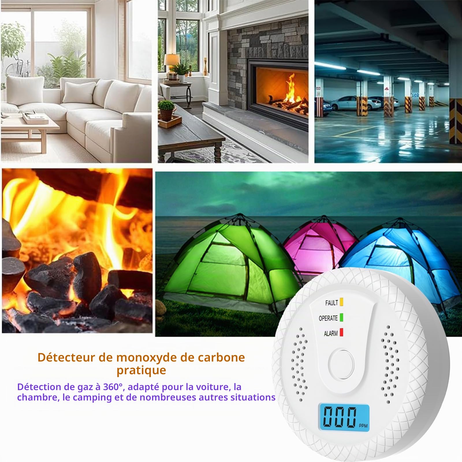 Detecteur Monoxyde Carbone,Détecteur De Monoxyde De Carbone avec Affichage Numérique Et Alarme Sonore De 75 DB, Alimenté par Batterie, Convient en Accord avec la Norme EN50291