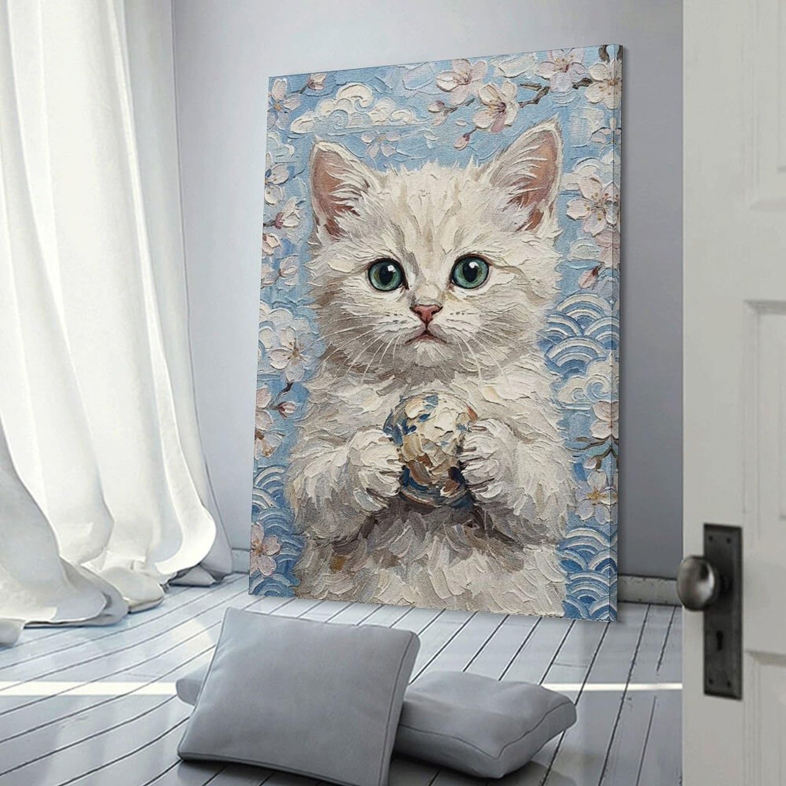 Junmoney Frame-Style-9 White Kitten With Ball Painting Canvas Wall Decor, 24X36inch(60X90cm), For Wall Displays, Bedrooms Or Room Updates, Wall Decor Suited To Curated Displays