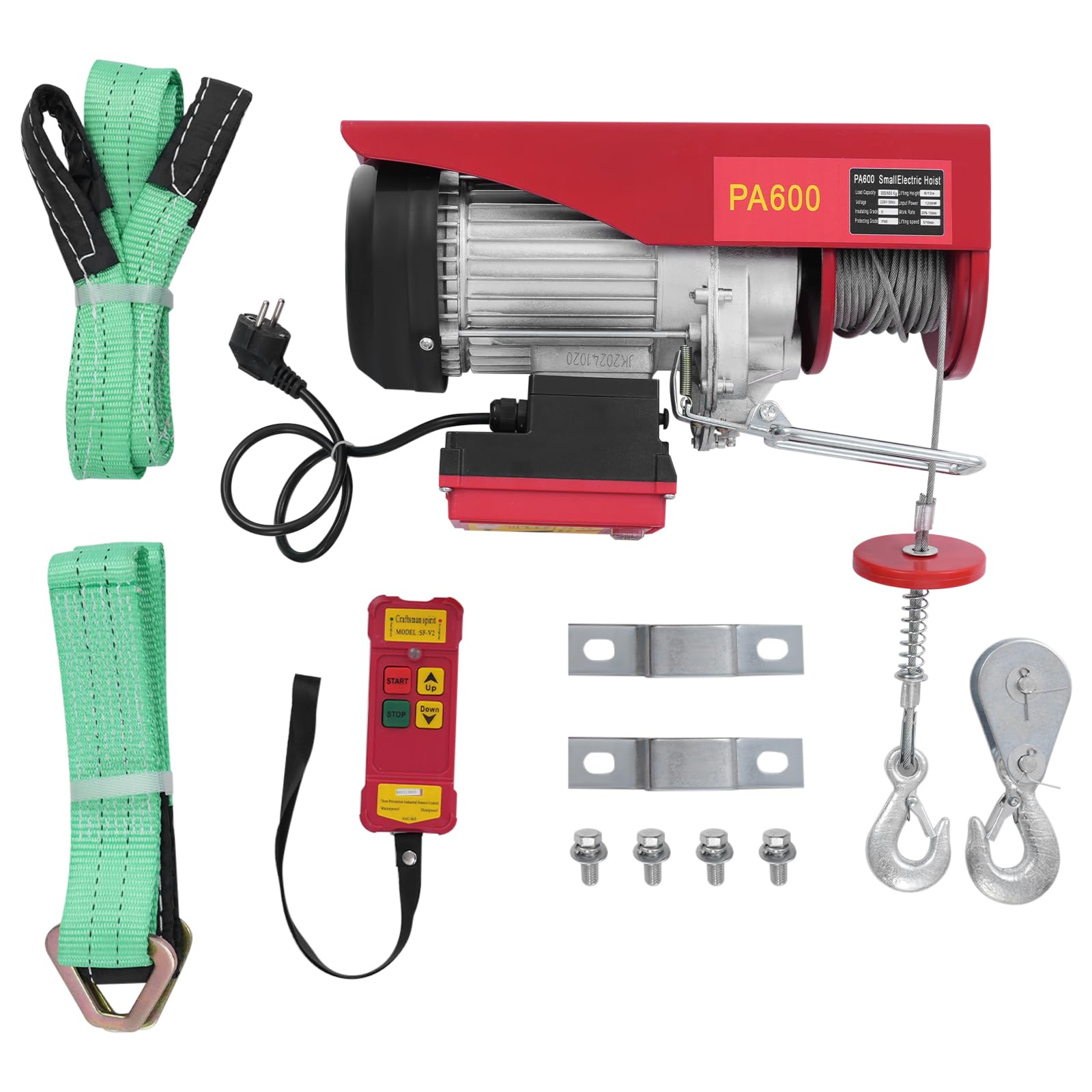 Elektrische Seilwinde 600kg Seilzug Motorwinde 1200W Seilhebezug Hebezug 10m/min Flaschenzug Kettenzug mit 2 Hosenträger und Drahtlose Fernbedienung
