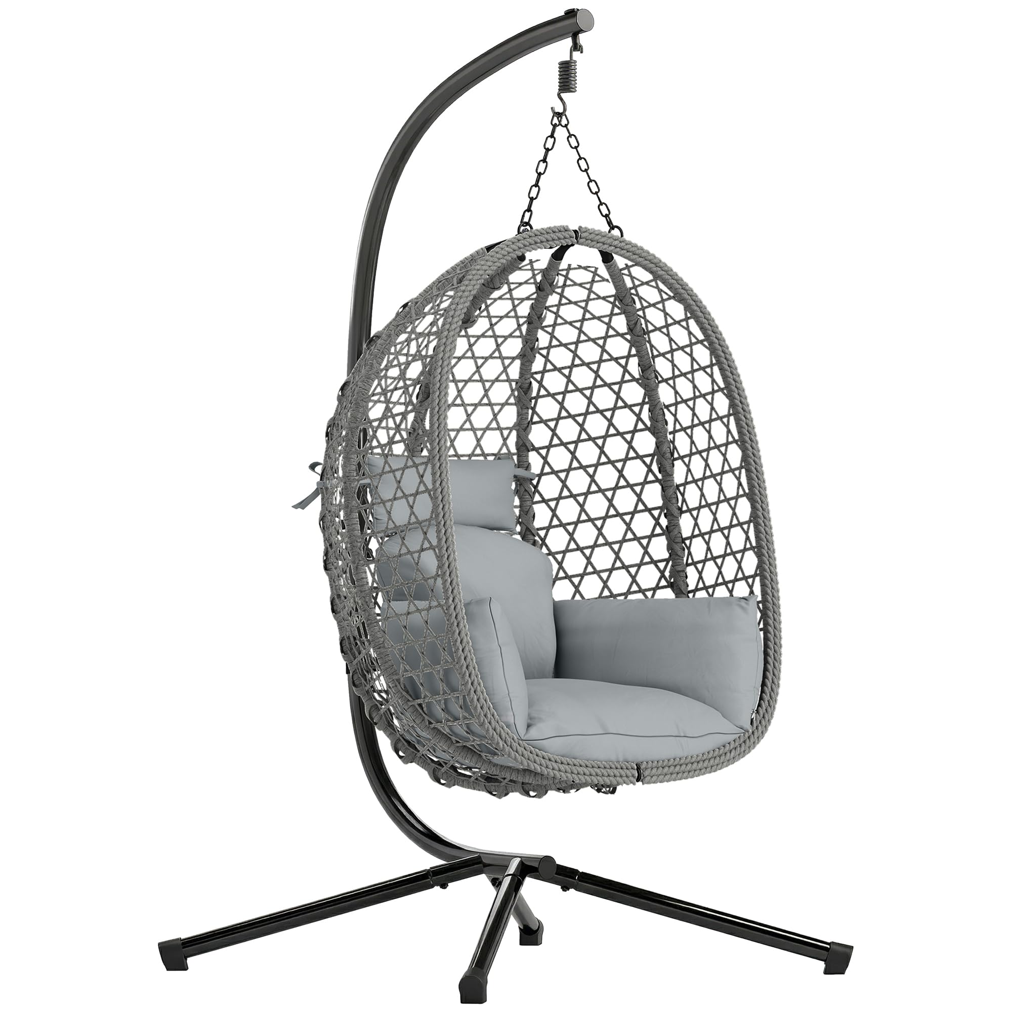 Outsunny Hanging Egg Chair, Indoor Outdoor Rattan Hammock Swing Chair with Stand, Safety Strap, Foldable Basket, Thick Cushion, Headrest, Metal Frame for Garden Balcony Patio Lounge Porch, Dark Grey