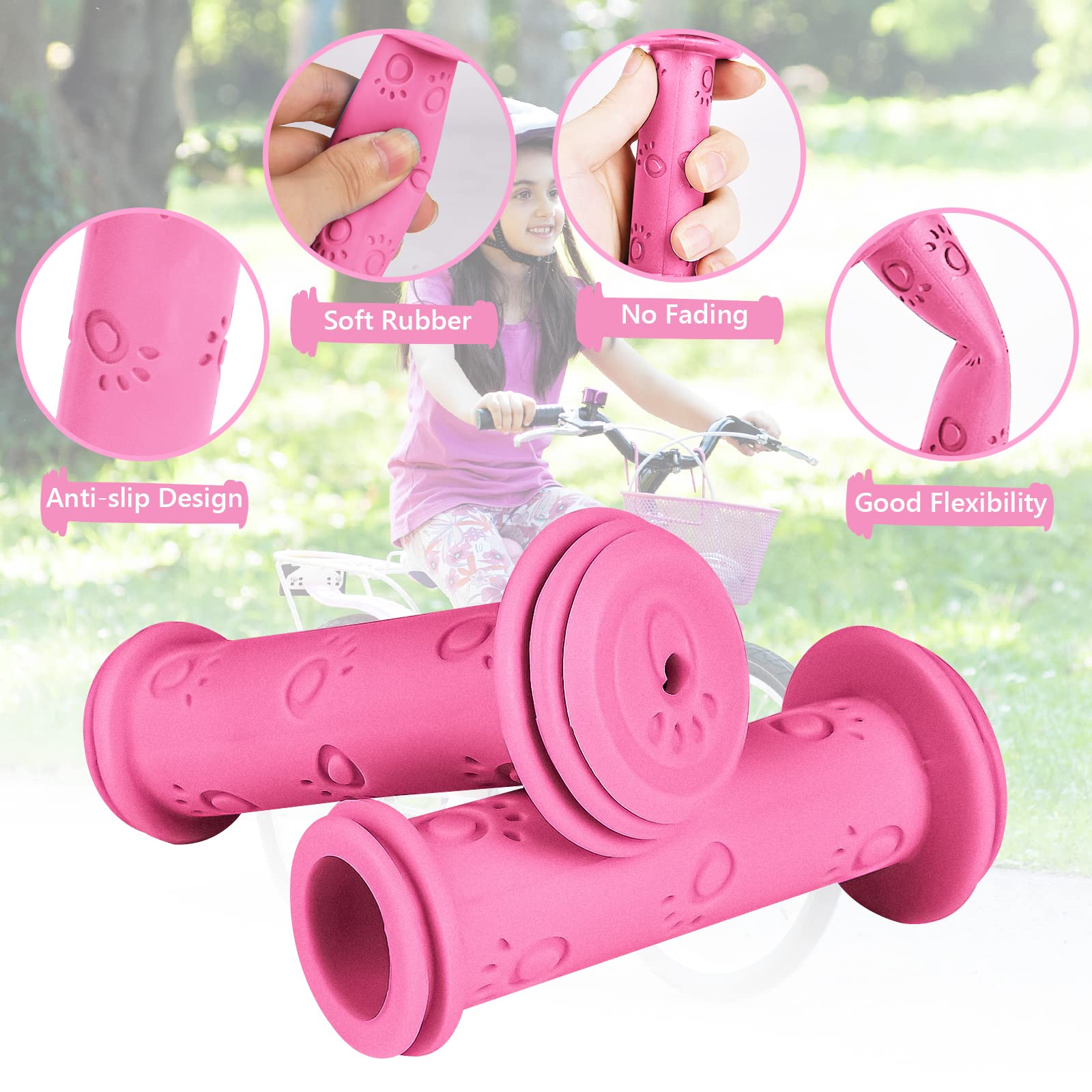 URAQT Paw Print Kid's Bike Grips - Soft Non-Slip, Universal for Kids' Mountain, Scooter & Bicycle Handlebars (Pink) - Image 3