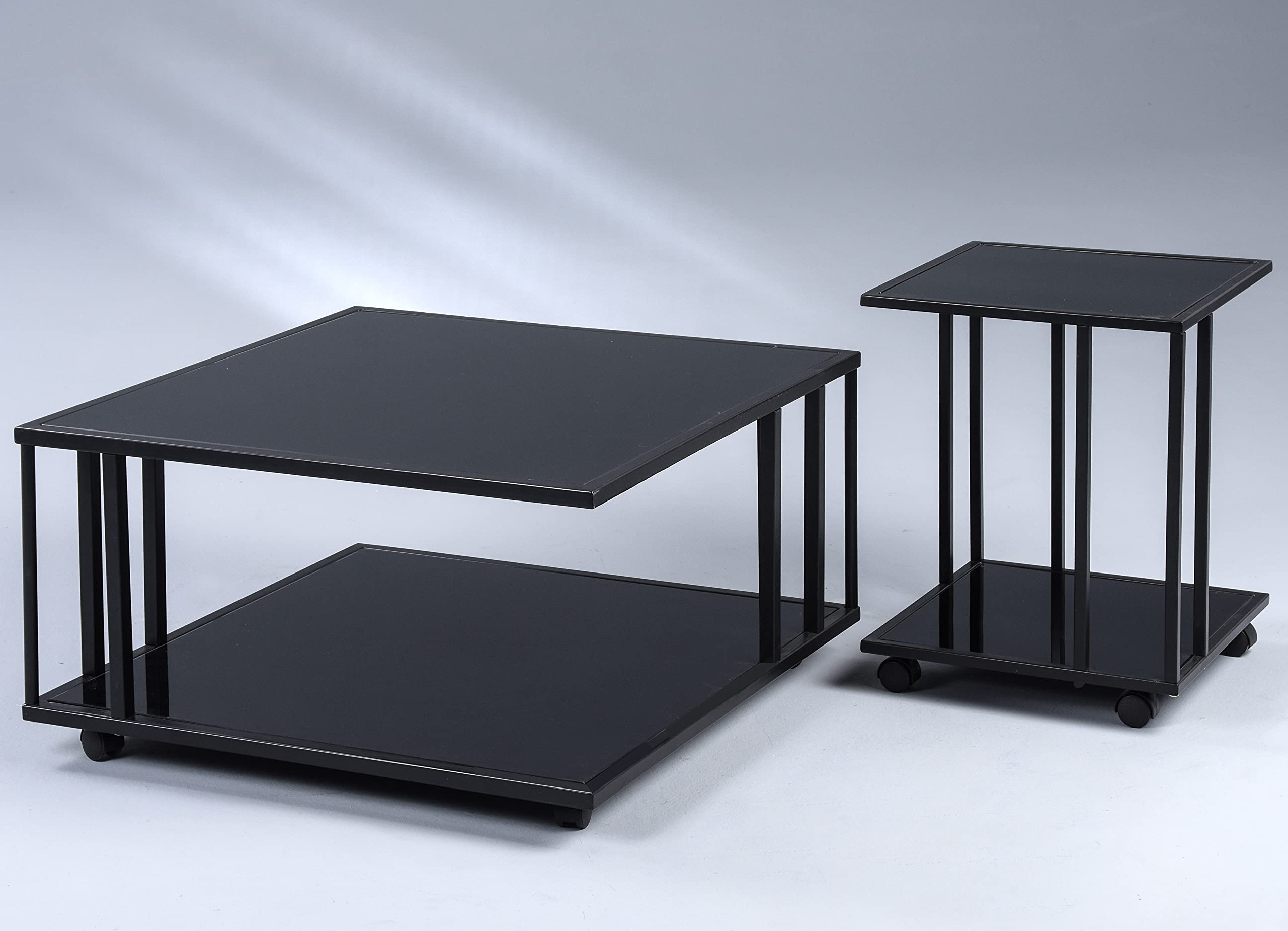 M2 Kollektion Paris 2 – Moderner Couchtisch 75x41x75 cm | Deck- und Ablageplatte aus 6 mm schwarz lackiertem Glas | Metallgestell auf Rollen
