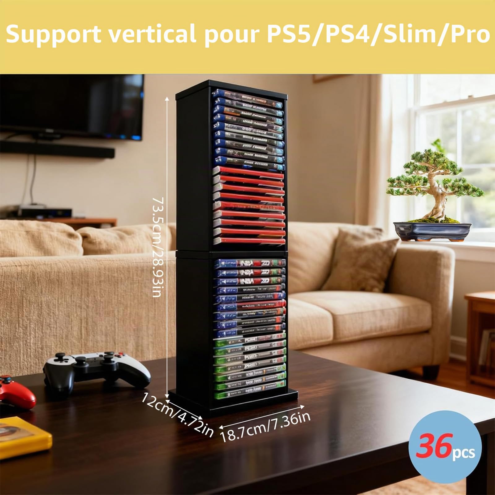 Support Rangement Jeux PS5 & PS4,Tour Organisateur 36 Disques | support universel jeux,Compatible Slim/Pro, Vertical & Horizontal, Accessoire Console Gaming Noir