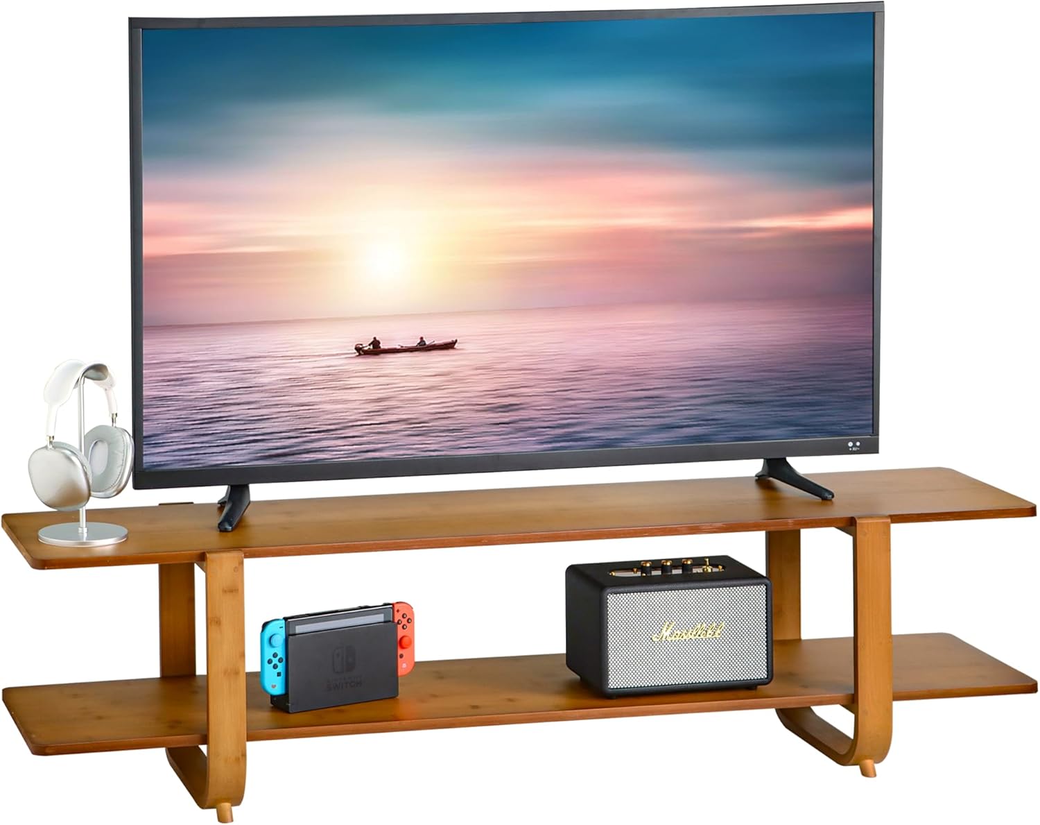 Bamboo TV Stand for TVs up to 65", Media TV Console Table with Storage, Accent Entertainment Center with Shelf, Modern TV Stand for Living Room, Bedroom, 55"(L), Walnut - Image 9