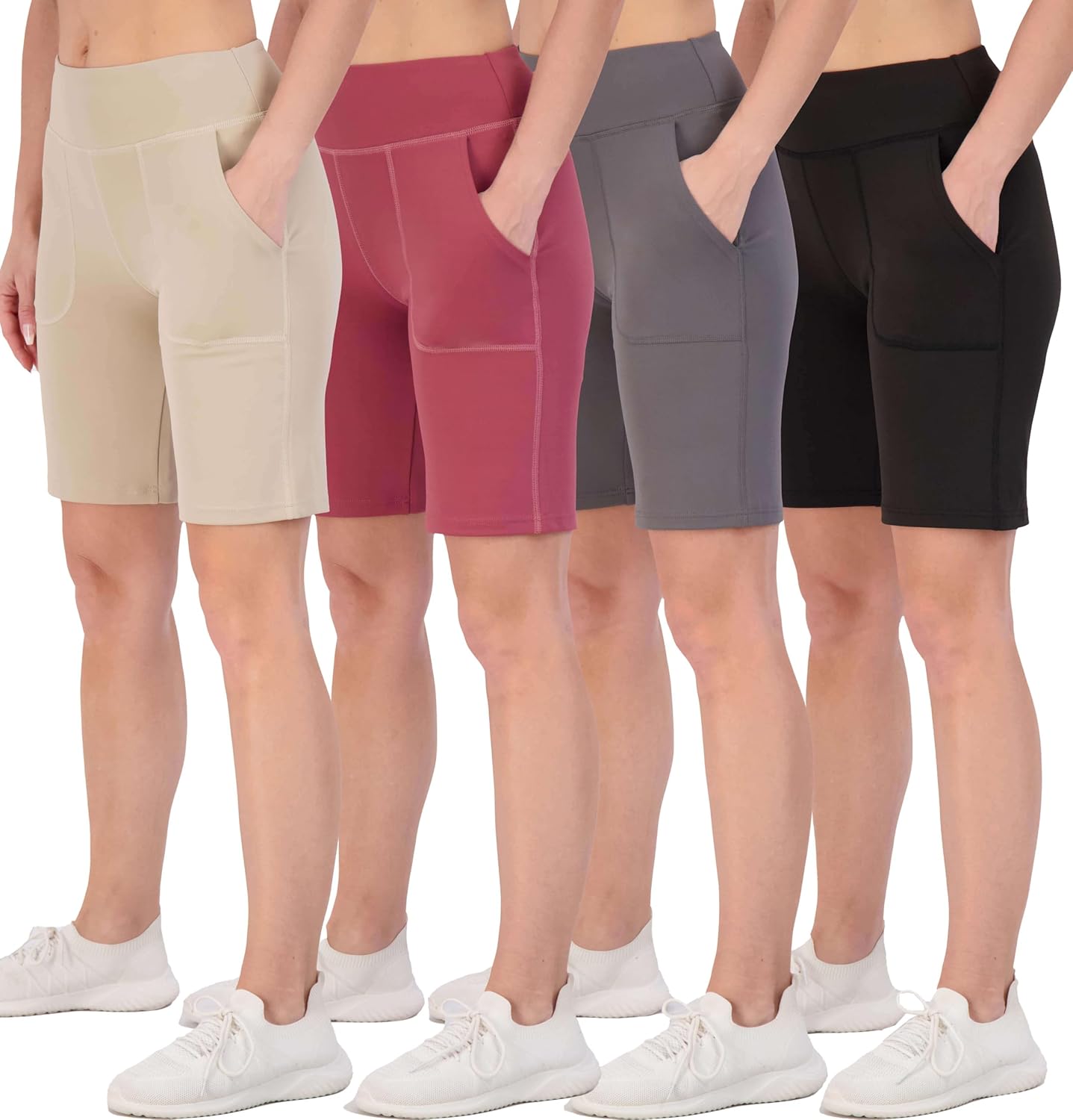 Real Essentials 4 Pack: Women's 9" Bermuda Long High Waisted Shorts with Pockets Casual Workout Athletic (Available in Plus)