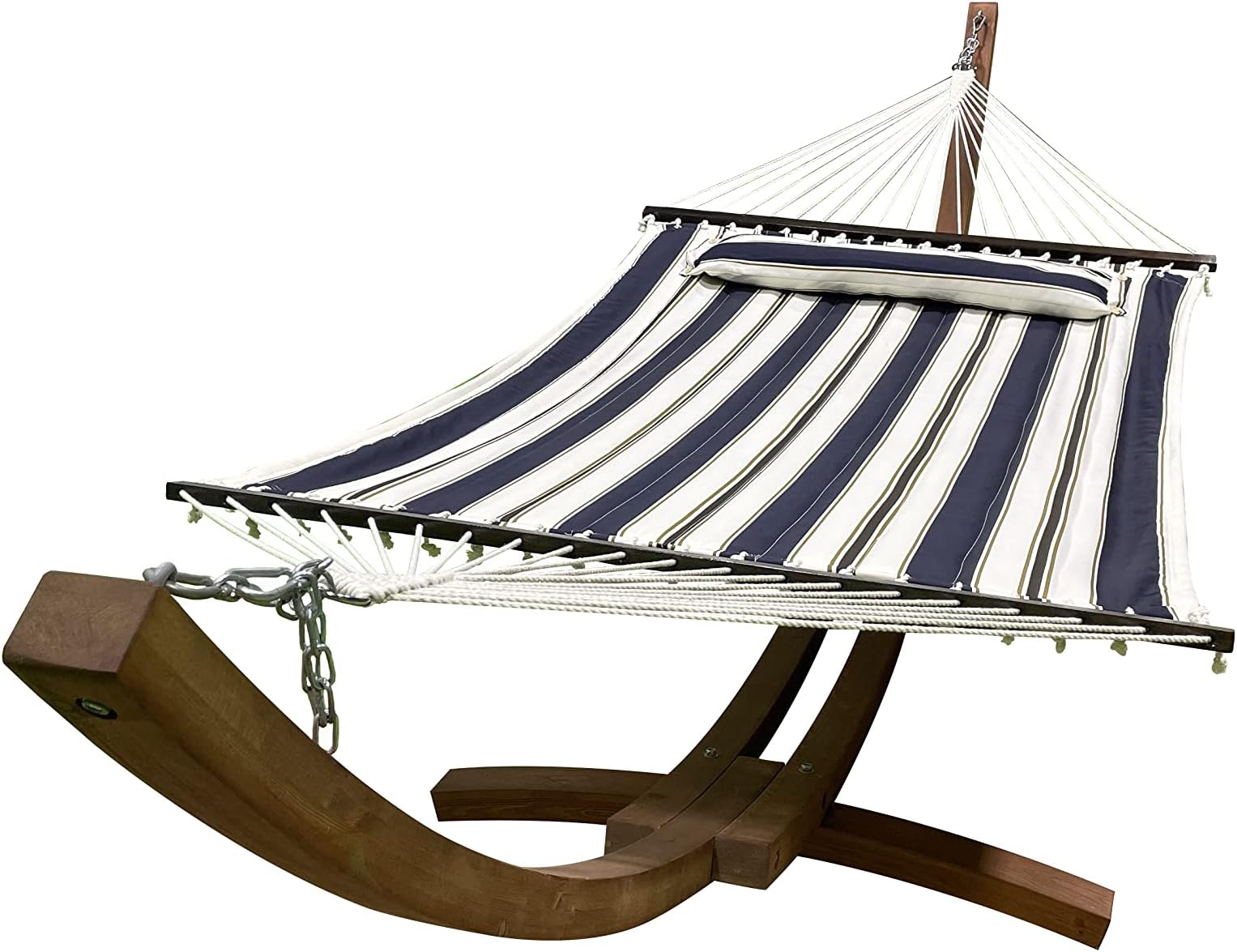 14 Ft. Wooden Arc Hammock Stand + Deluxe Quilted Double Padded Hammock Bed w/Pillow. 2 Person Bed. 450 LB Capacity(Teak Stain/Elegant Blue Stripe)