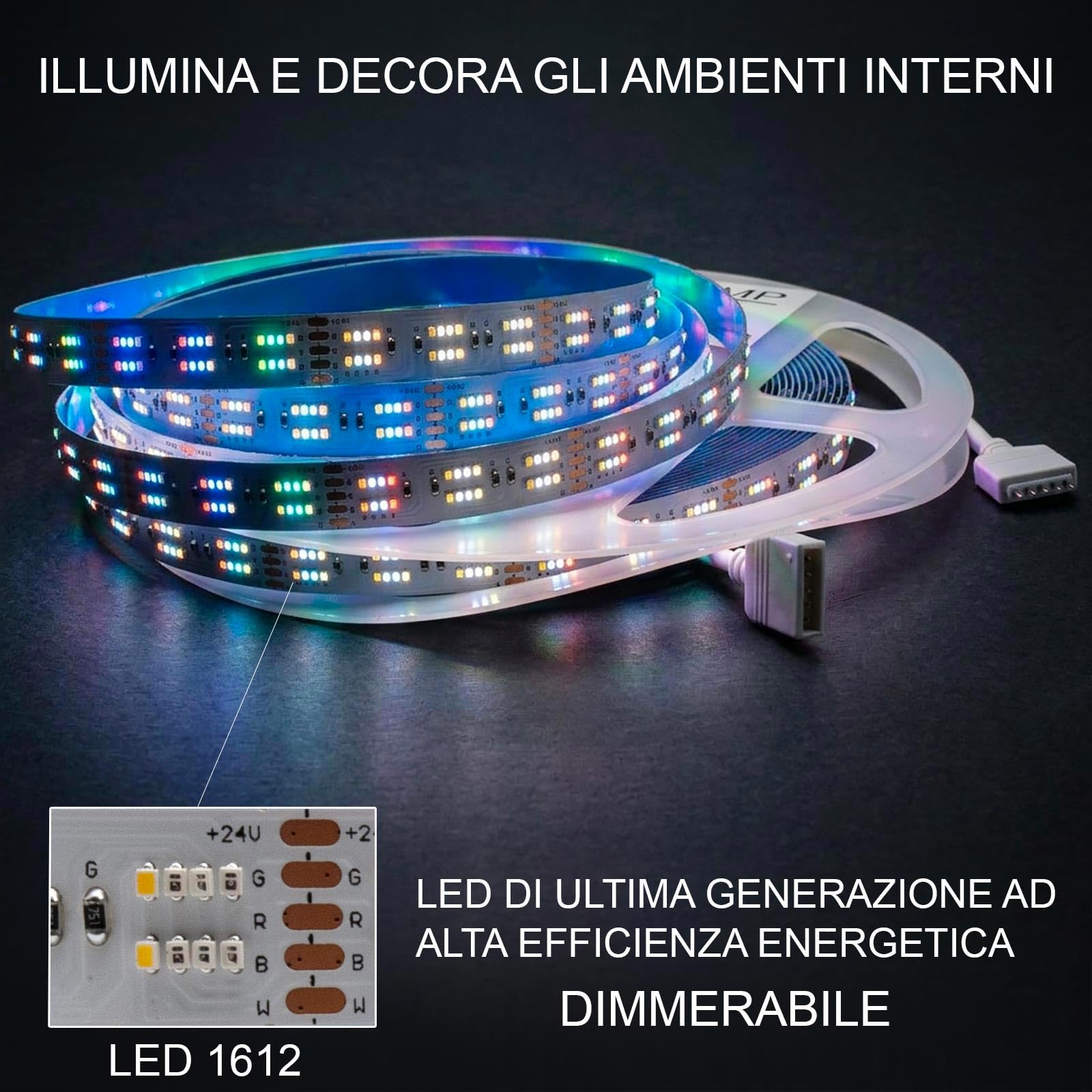 KIT Professionale Striscia Micro LED 1612 RGB Multicolore RGBW Luce 4200K 24V 576 LED/m 210W Illuminazione Interni, Bar, Locali, Pub, Completa di Centralina con Telecomando e Alimentatore 10 metri