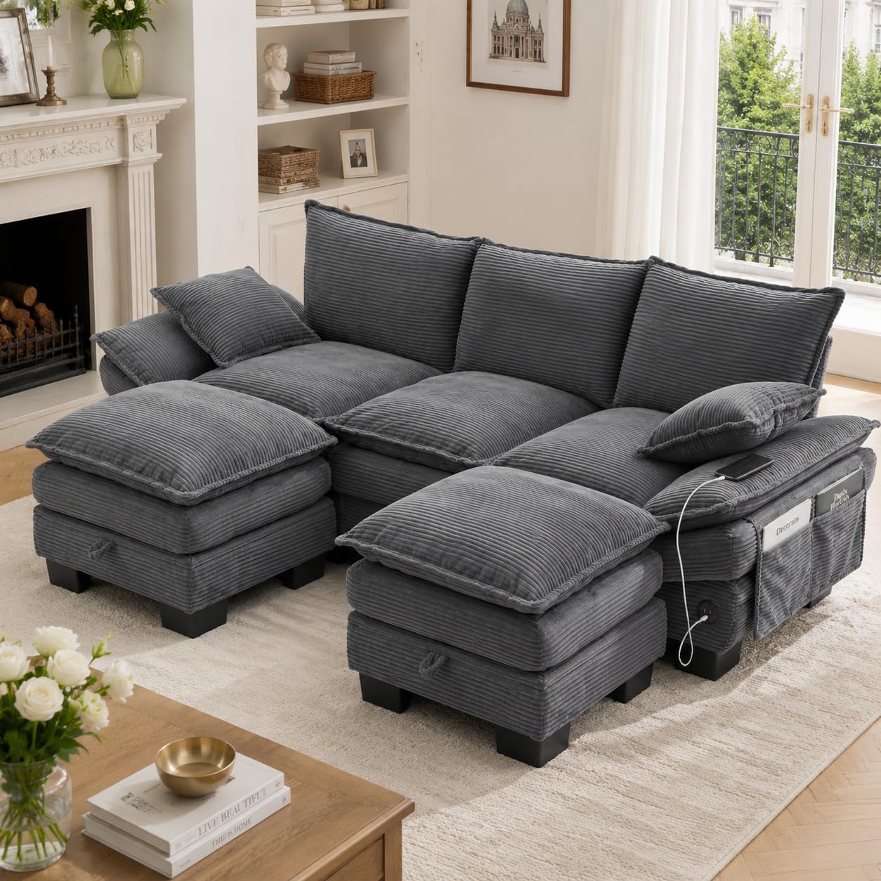 Generisch Modułowa 3-osobowa sofa ze sztruksu z 2 taboretami USB-C ciemnoszara