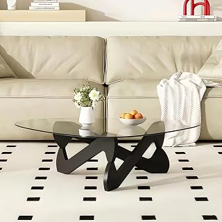 Couchtisch Glas Dreieckiger Durchsichtig Couchtische Wohnzimmer Modern Wohnzimmertisch mit Schwarz Holz Füße Ausgefallene Glastisch Couch (Black-Transparent, 82)