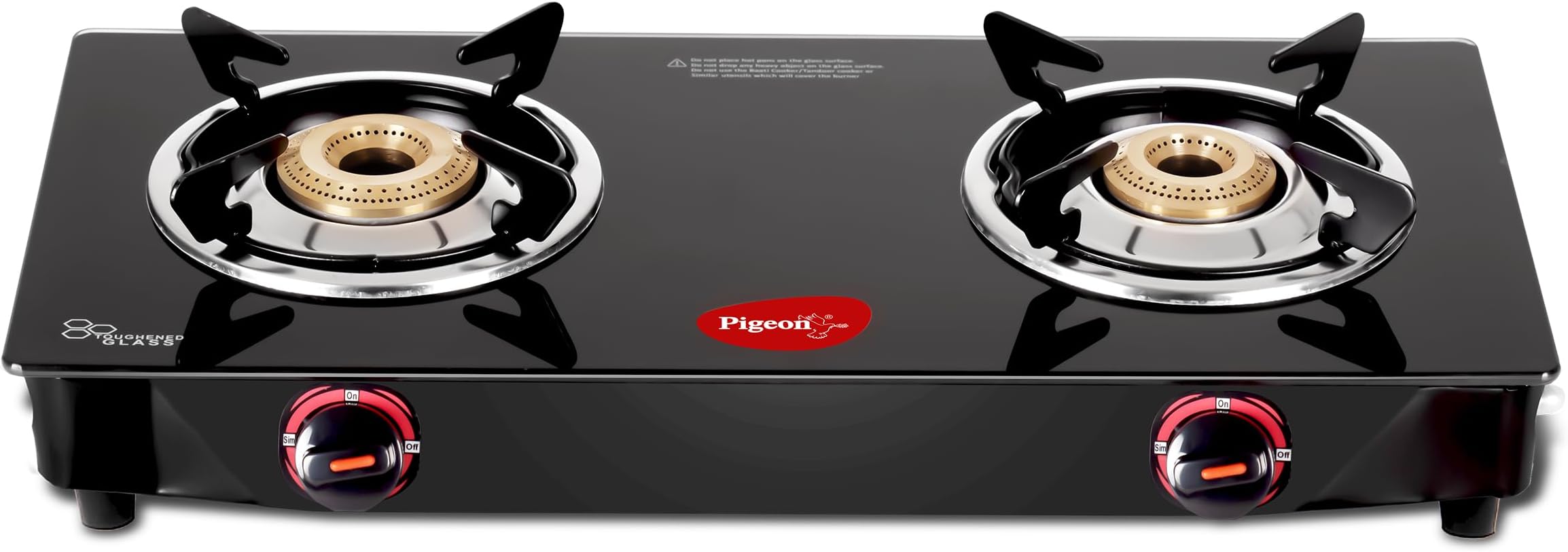 Pigeon Aster Gas Stove 2 Burner with High Powered Brass Burner, Gas Cooktop with Glass Top and Powder Coated Body, black, standard (14266)