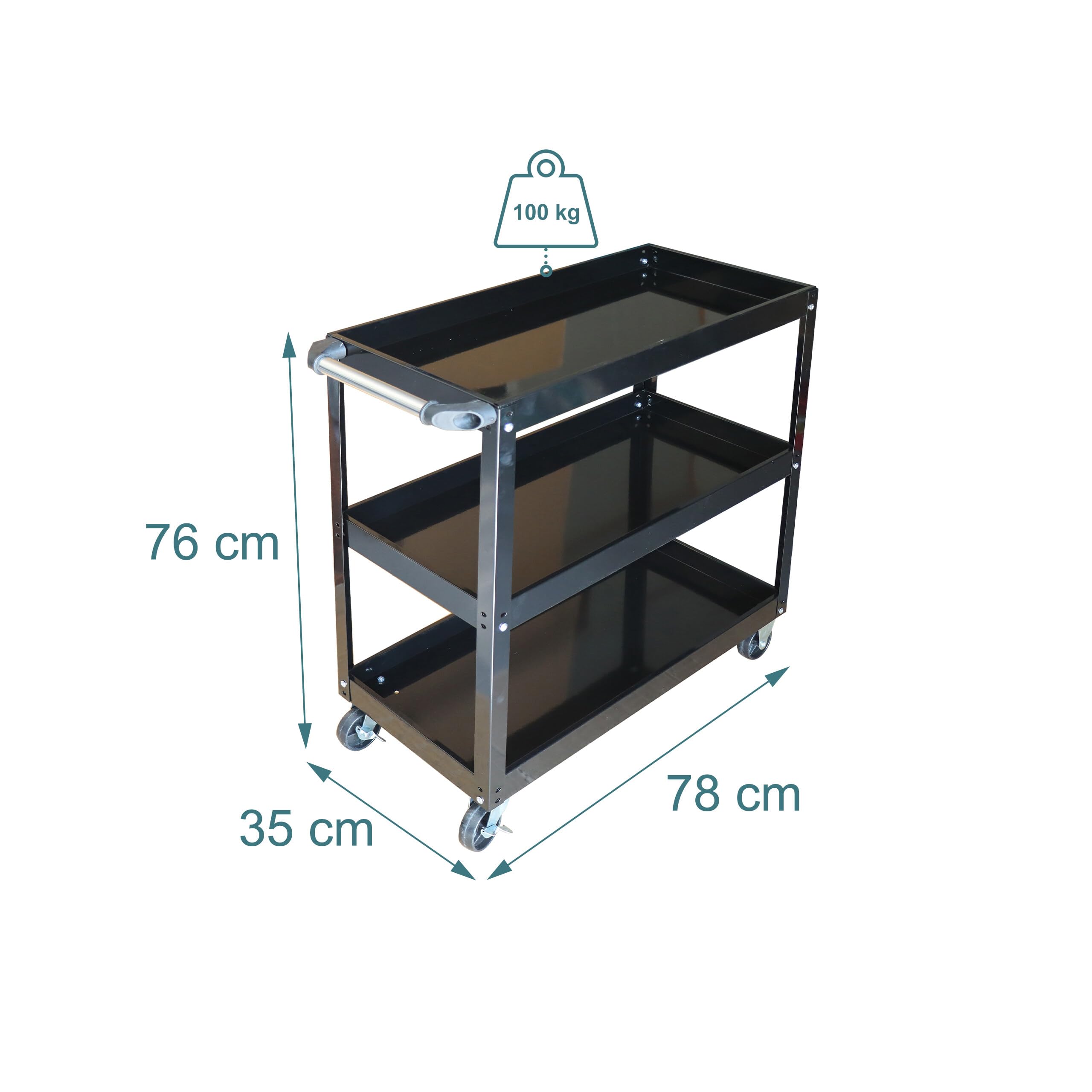 Relaxdays Werkstattwagen, Werkzeugwagen mit 3 Ebenen, mobiler Montagewagen, bis 100 kg, HBT: 76 x 35 x 78 cm, schwarz