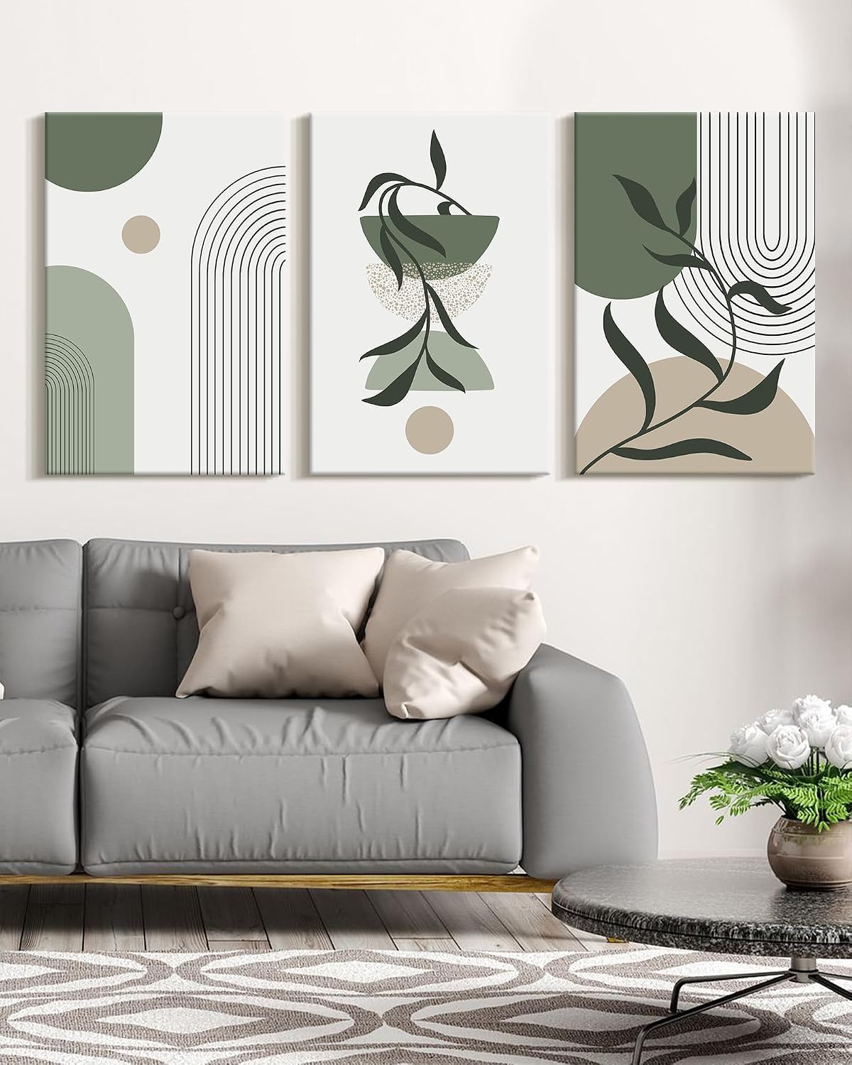 KUVIOKE Botanical Boho Framed Wall Art Modern Bohemian Plants Wall Decor Green Geometry Lines Prints Artwork for Living Dining Room Decor 16x24in (Black Framed)