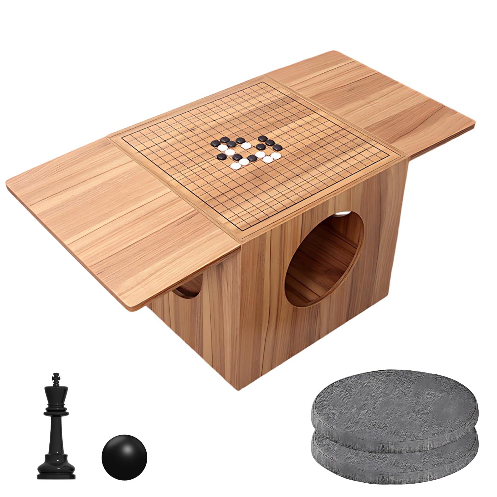 UPLTOE Game Table Furniture Set, 2-in-1 Chess & Go Coffee Table, 4-Sided Circular Openings for Hidden Storage, Wooden Chessboard 454×454mm (17.87 × 17.87 in), for Reading & Tea F