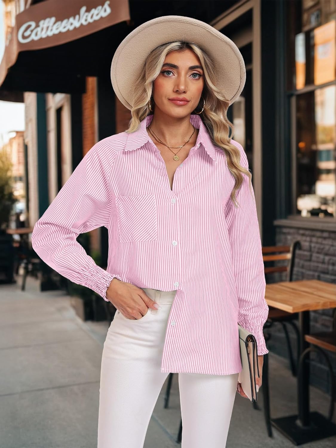 Feiersi Women's Button Down Shirts Long Sleeve Smocked Cuffed Striped Work Blouses Tops with Pocket Shirred - Image 3