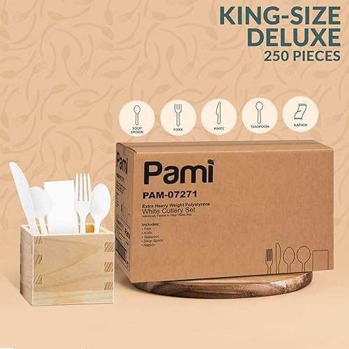 Miniatura 2 de PAMI Cubiertos de plástico desechables extra pesados 250 juegos  Cubiertos de plástico empaquetados individualmente con tenedor cuchillo cuchara
