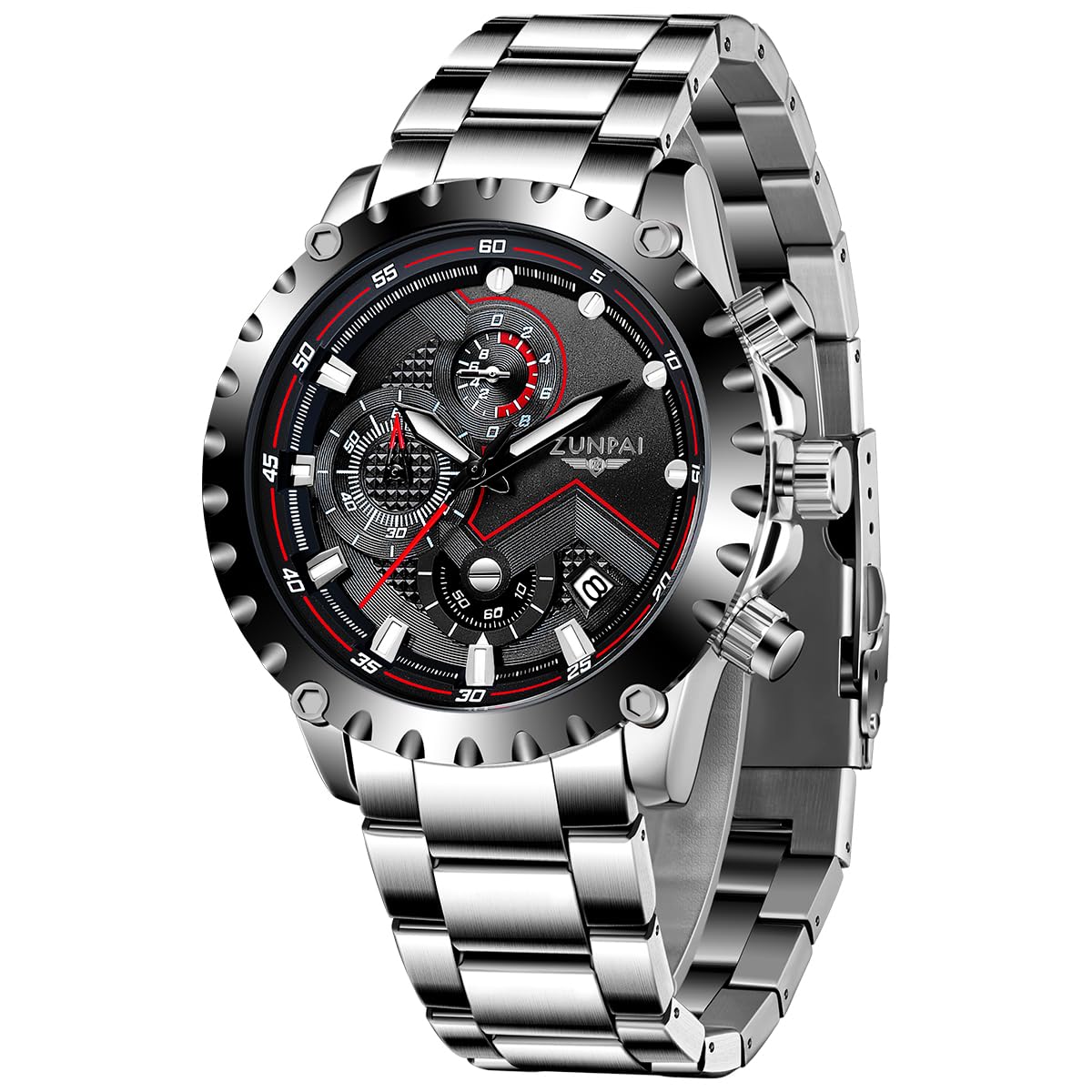 ZUNPAI Watches for Men Business Dress Quartz Wristwatch Stainless Steel Strap Analog Waterproof with Luminous Calendar (