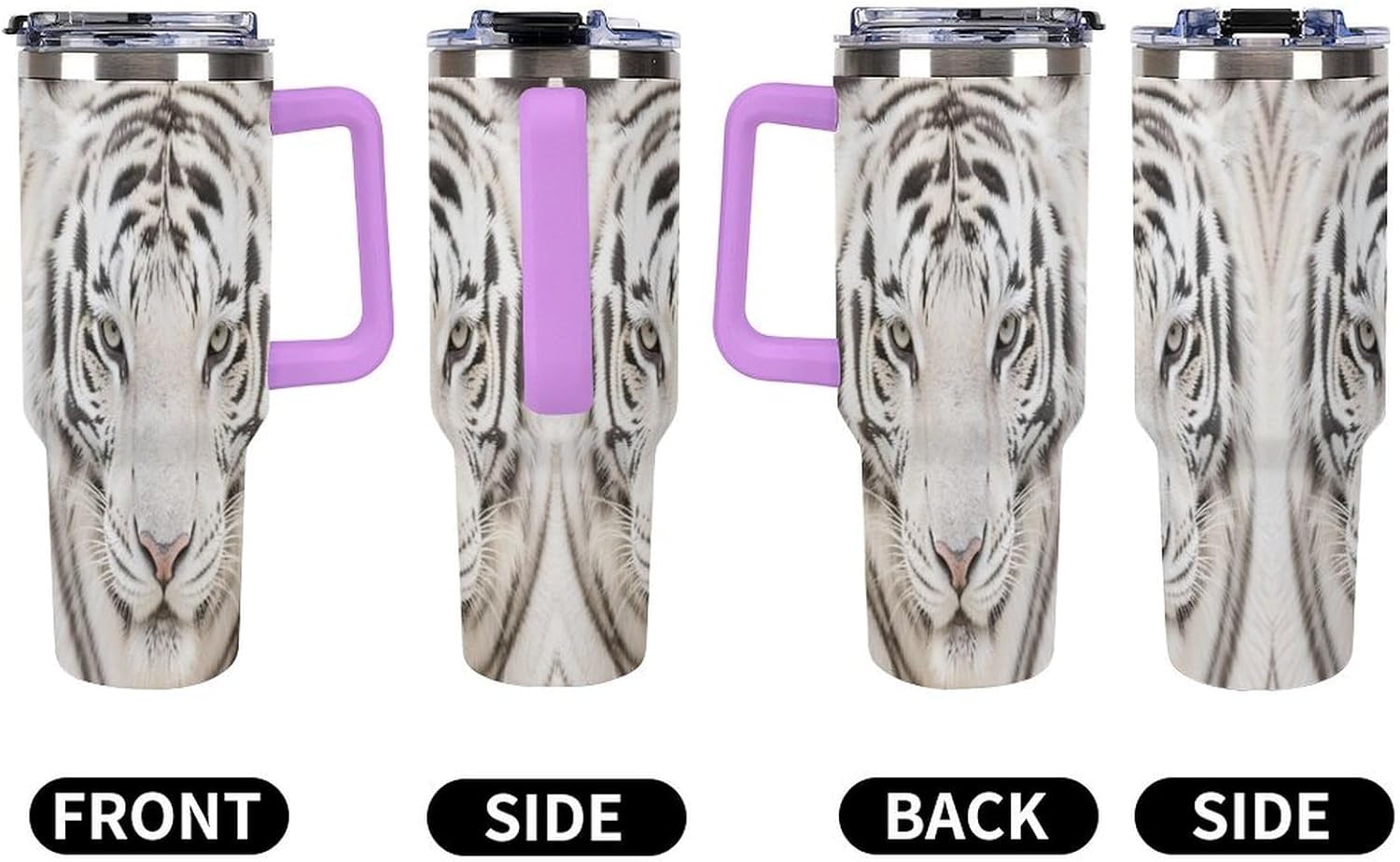 40 Oz Insulated Mug with Handle Lid And Straw White Tiger Pattern Large Metal Sports Bottle Great for Gifts Parties Office Coffee