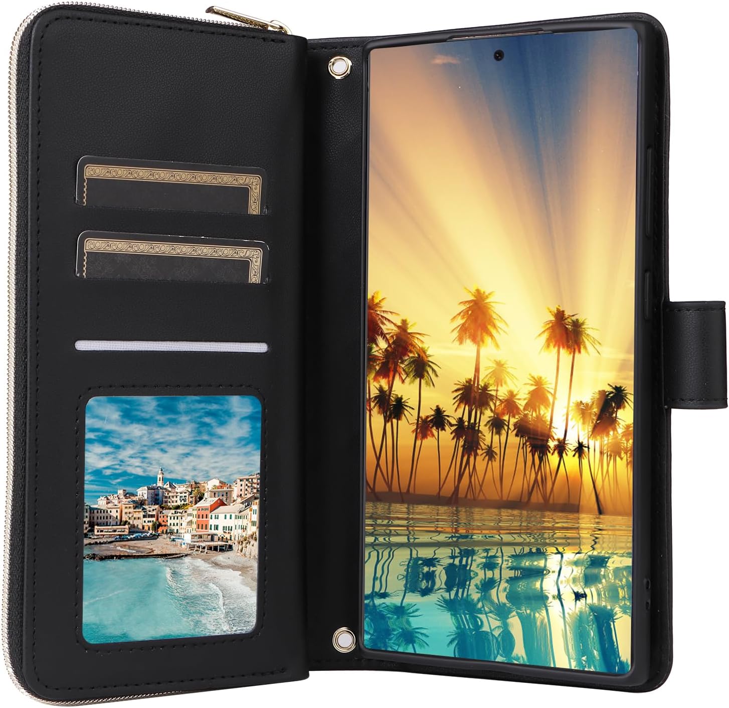 Asuwish Phone Case for Samsung Galaxy S24 Ultra 5G Wallet Cover with Tempered Glass Screen Protector Strap Card Holder Slot Stand Leather Flip Cell Zipper S24Ultra 24S S 24 24Ultra Women Girls Black