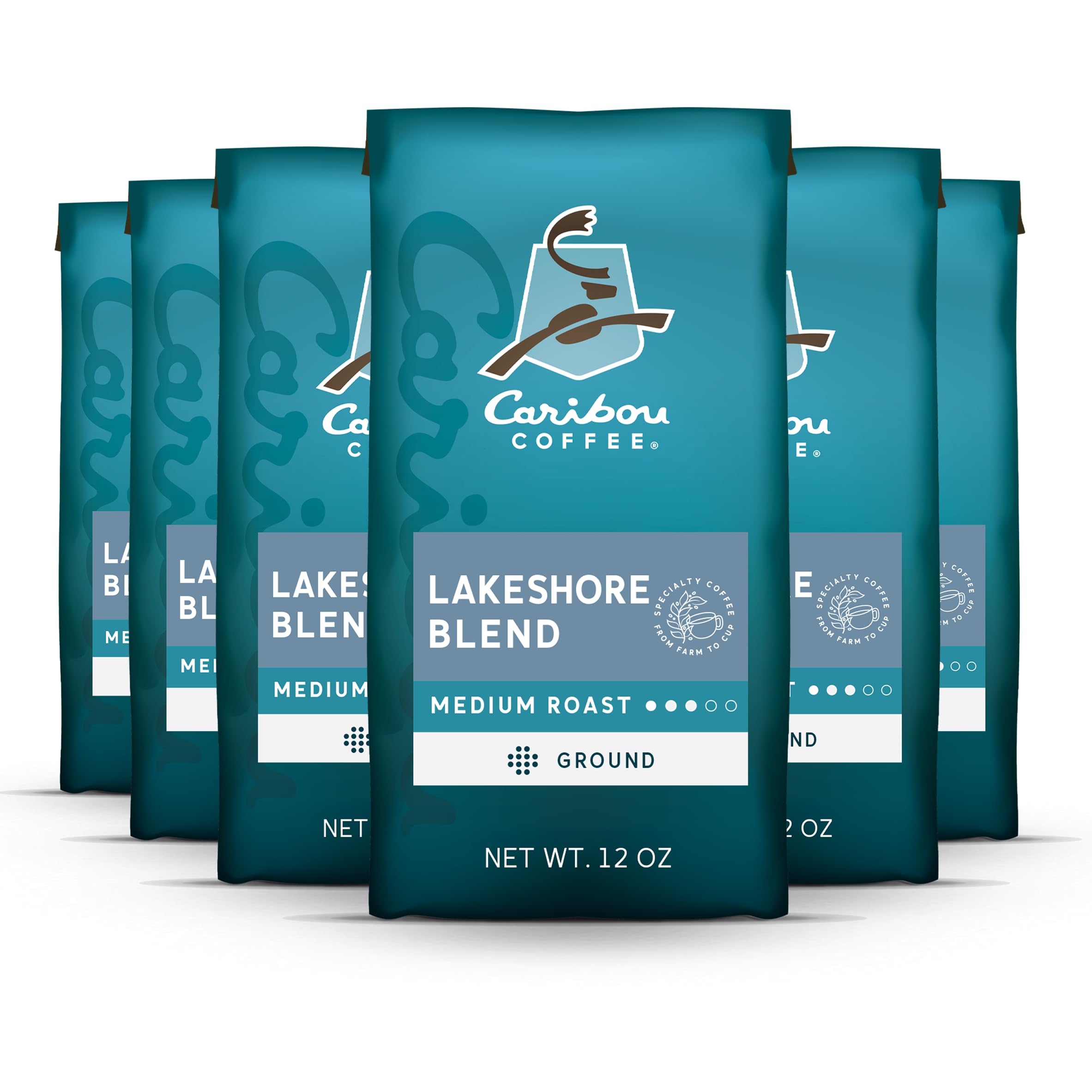 Caribou Coffee, Medium Roast Ground Coffee Lakeshore Blend 72 Ounces (6  Bags of 12 Ounces)