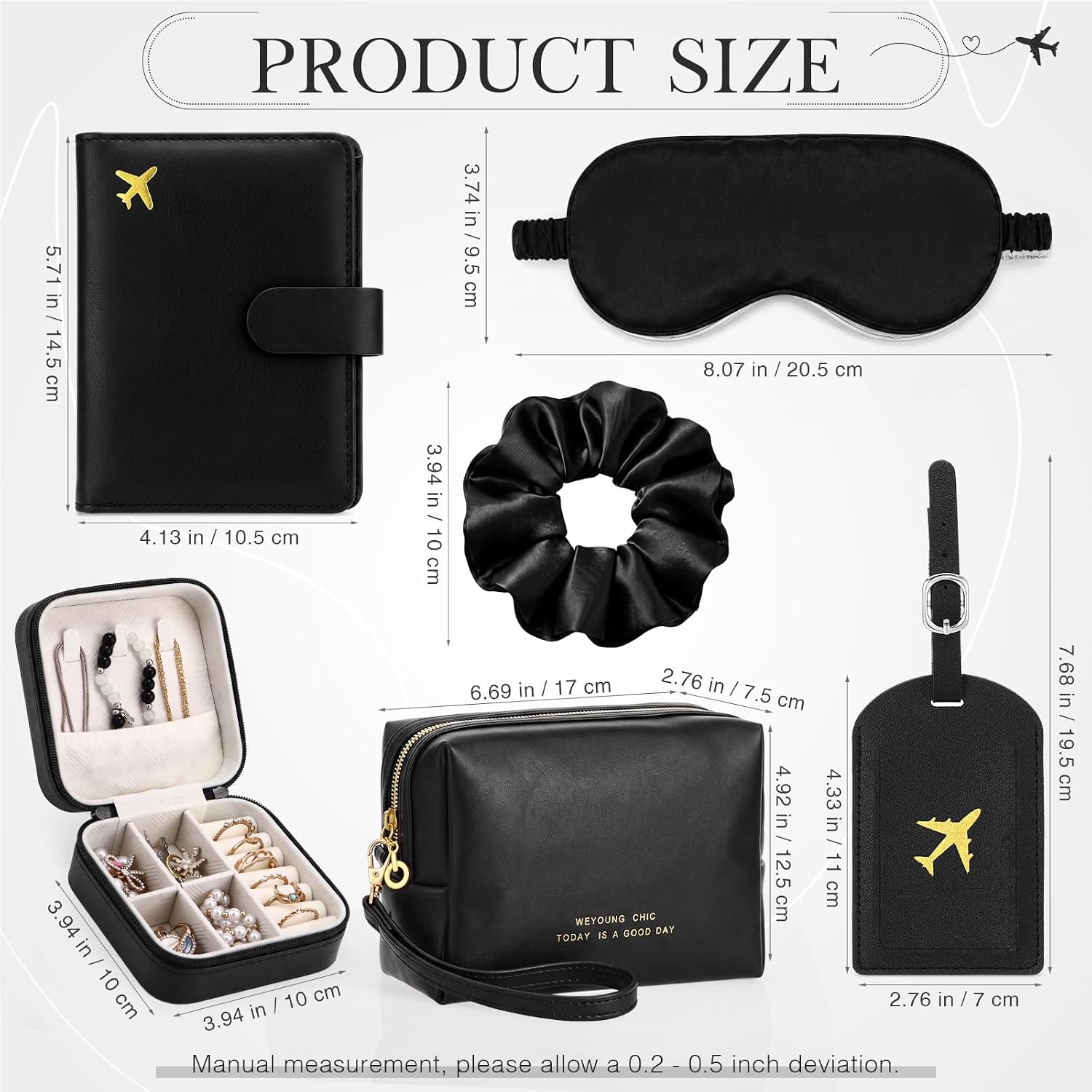 Maitys Black 6 Pcs Travel Gift Set for Women, Passport Holder, Luggage Tag, Makeup Bag, Jewelry Box, Sleep Mask, Bridesmaid Favors