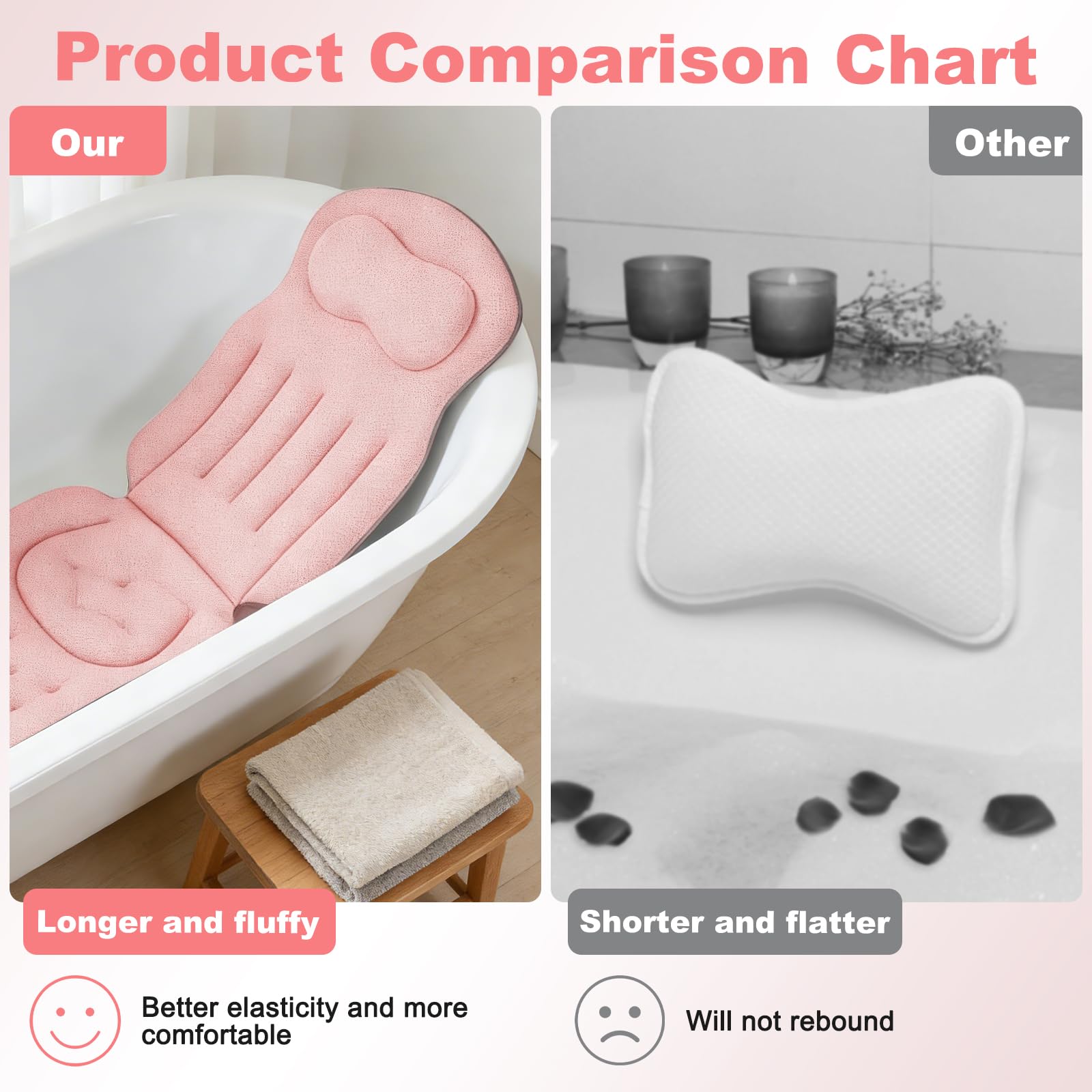 Cuscino intero per vasca da bagno, tappetino da bagno ispessito con poggiatesta supporta collo, schiena e gambe, cuscino per vasca da bagno con ventose e ganci sospesi (rosa)