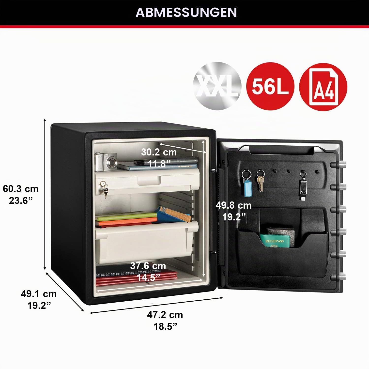Master Lock Tresor Feuerfest und Wasserdicht mit Zahlencode und Schlüssel, Dreifacher Schutz - Flug, Feuer und Flut, elektronische Kombination und Schlüssel, 56,6 L, 60.3 x 47.2 x 49.1 cm