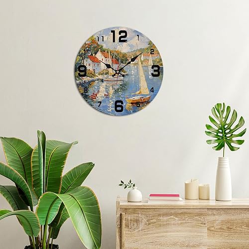 Miniatura 2 de Coastal Harbor Painting Wooden Wall Clock with Nautical Scene 25x25cm