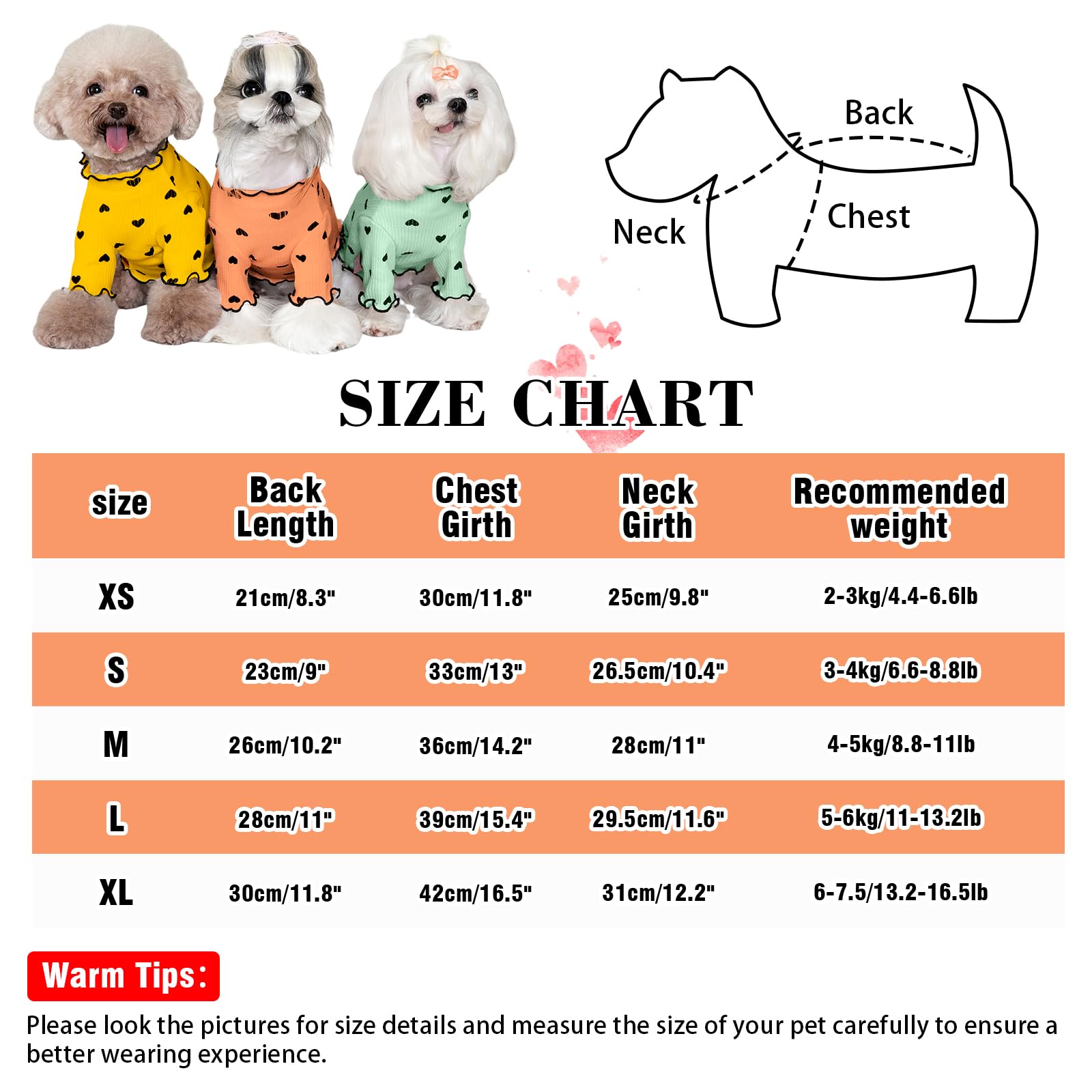 Yaopelky Pet Clothes for Small Dogs Cat Summer Fall Heart Print Shirt Stretchable Ruffle Long Sleeve Outfits for Chihuahua Schnauzer Shih Tzu Yorkie (Orange - Image 3