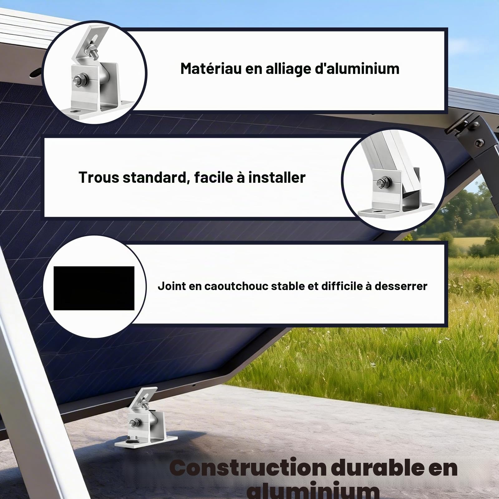 4 Pièces Support Panneau Solaire, Support de Module PV en Aluminium, Montage Mural 10°–60°, Module Photovoltaïque Réglable Indépendant pour Toit, Car, Balcon et Mur