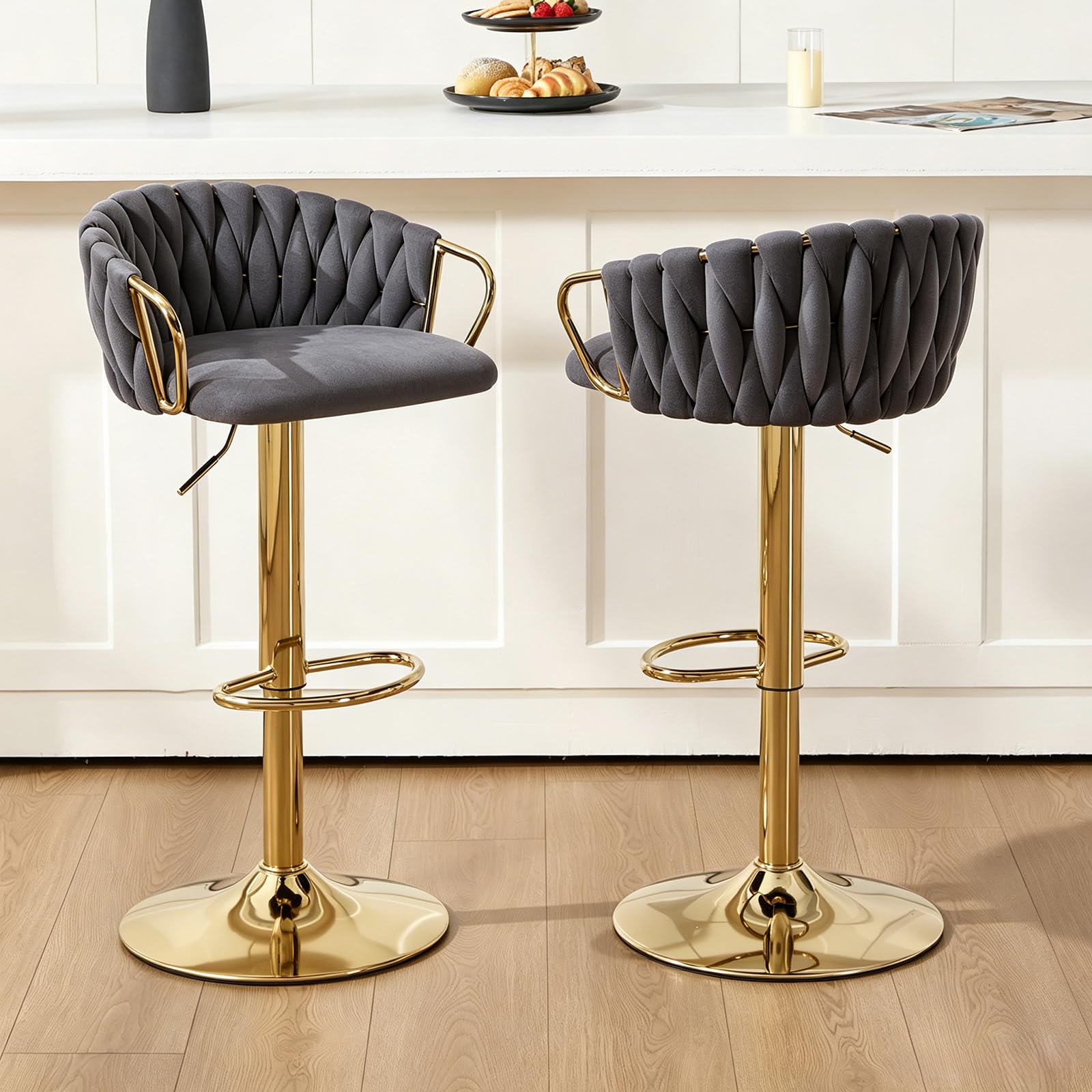 Orirsnug Velvet Bar Stools Set of 2, Adjustable Height,Gold Base,Dark Grey