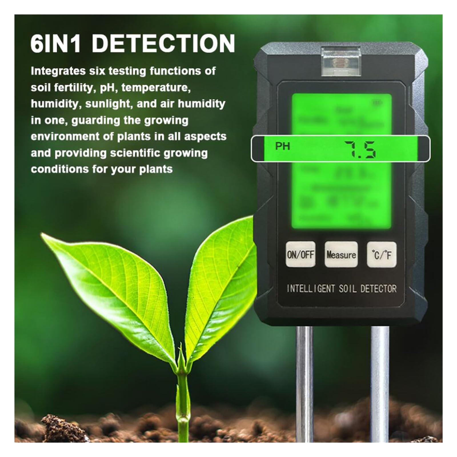 Medidor de pH, humedad, luz solar, temperatura, fertilidad del suelo, comprobador, sensor Agricultura y actividades al aire libre