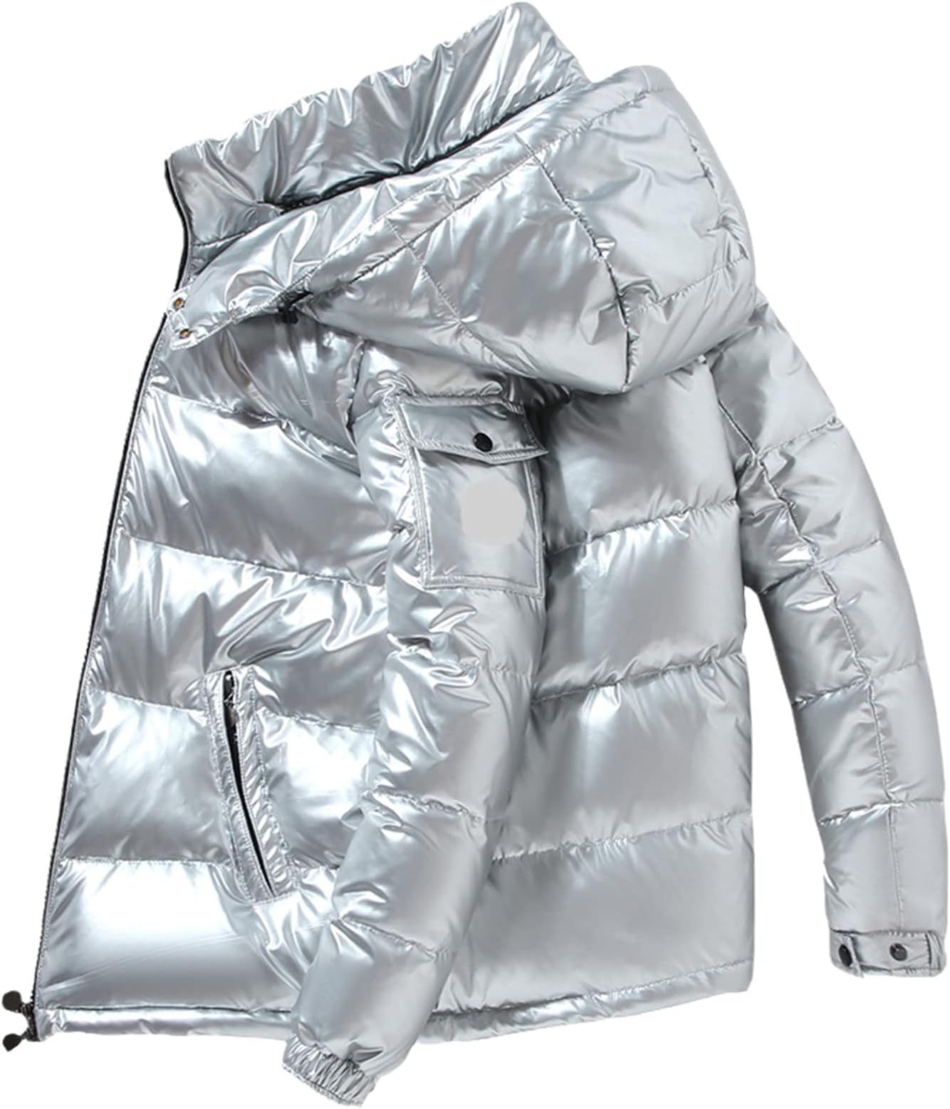 Men Warm Down Jackets Solid Color Winter Snow Down Jackets Hooded Zipper Metal Shining Windbreaker Parka
