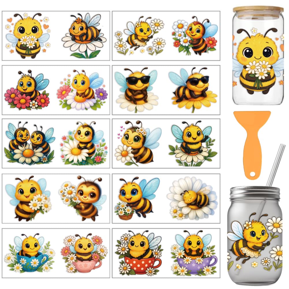 arricraft 10 Sheets UV DTF Cup Wrap for 16OZ Glass, Cartoon Bees Daisies Hearts Teacups Patterns Rub on Decals PVC Transfer Stickers for DIY Cups Wood Funiture 24x11cm/9.4x4.3inch