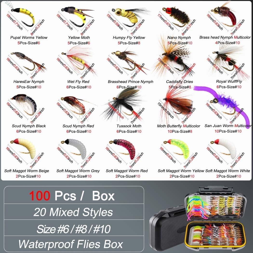 100pcs/Set 20 Mixed Styles Fly Fishing Flies Kit-Hand-Tied Dry Flies for Trout, Bass, Salmon- Dry/Wet Flies, Lures for Freshwater Fly Fishing in Rivers & Lakes