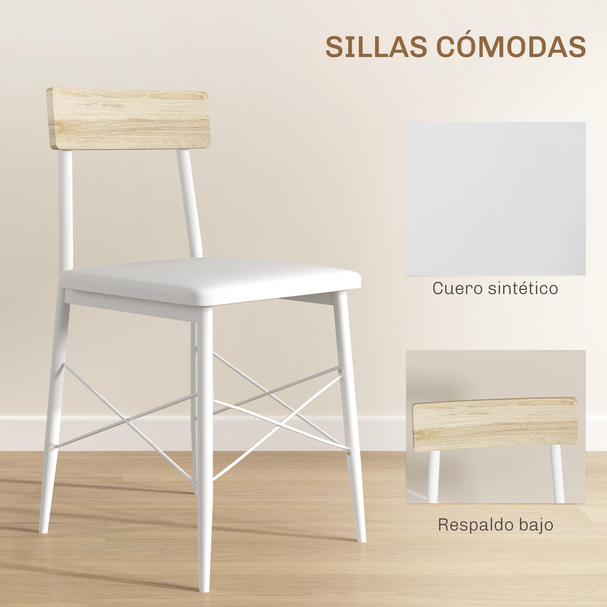 HOMCOM Conjunto de Mesa y Sillas de Comedor de 3 Piezas Mesa con Dos Sillas | sin Brazos, Estante Abierto, Estructura de Acero, Blanco y Roble