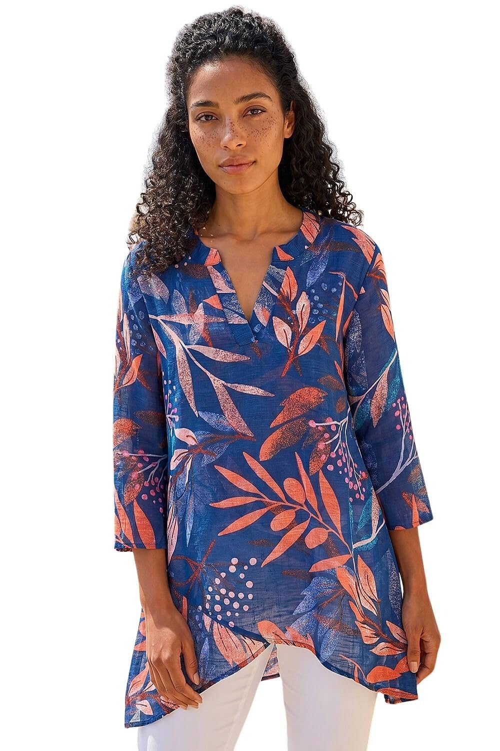 Roman Women's Leaf Print Wrap Front Tunic Top in Navy | Size: 12