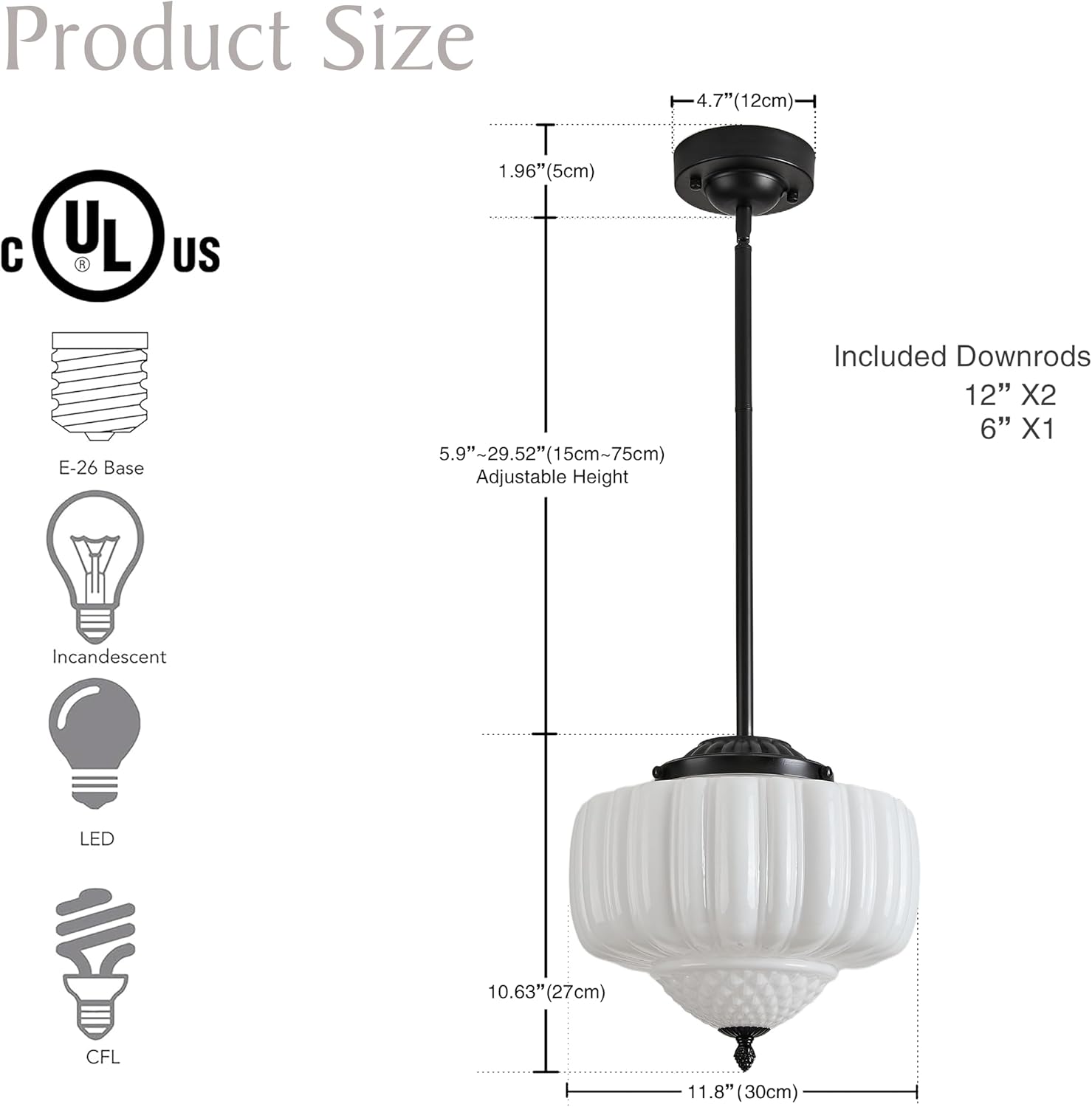 Schoolhouse Pendant Light, 12" Black Schoolhouse Ceiling Light Fixture with Milk Glass White Shade, Adjustable Height, Mid Century Modern Pendant Lighting for Kitchen Island Dining Room