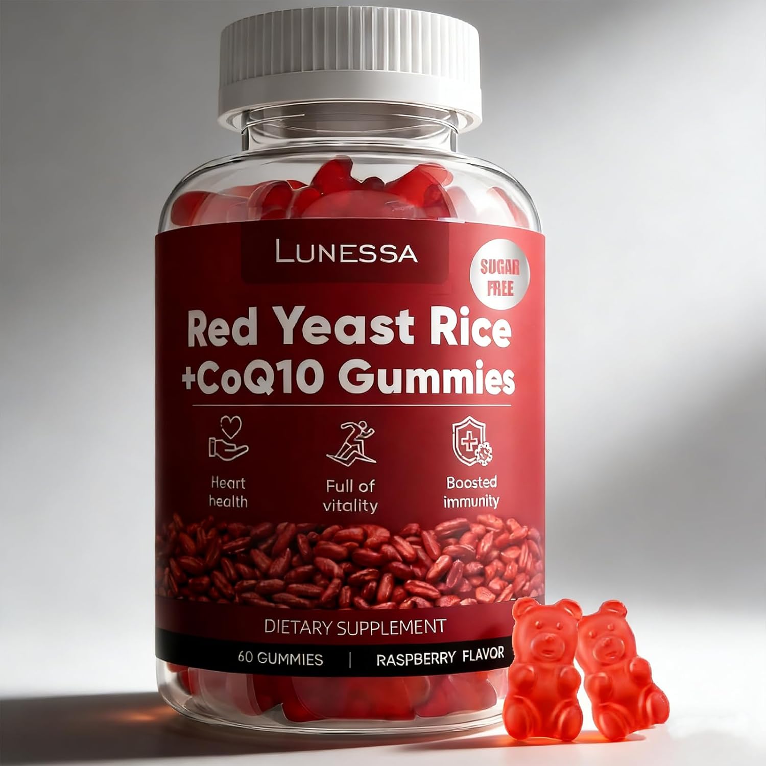 Lunessa Red Yeast Rice, with CoQ10 200mg | Red Yeast Rice 2400mg, Restores Body Vitality , & Maintains Healthy Cholesterol Levels for Men & Women, Non-GMO, Vegan, 60 Gummies -1PCS (Raspberry Flavor)
