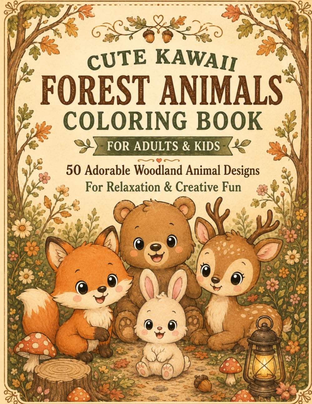 Cute Kawaii Forest Animals Coloring Book for Adults & Kids: Easy and Fun Coloring Pages Featuring Adorable Woodland Creatures, Cozy Nature Scenes and Relaxing Designs