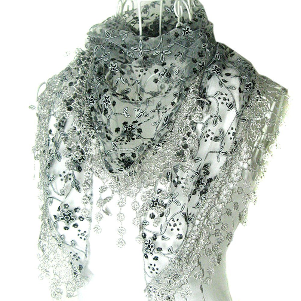 FSSTUD Elegant Women Ladies Soft Lace Hollow Tassel Scarves Triangle Long Wrap Shawl Scarf Medium Grey