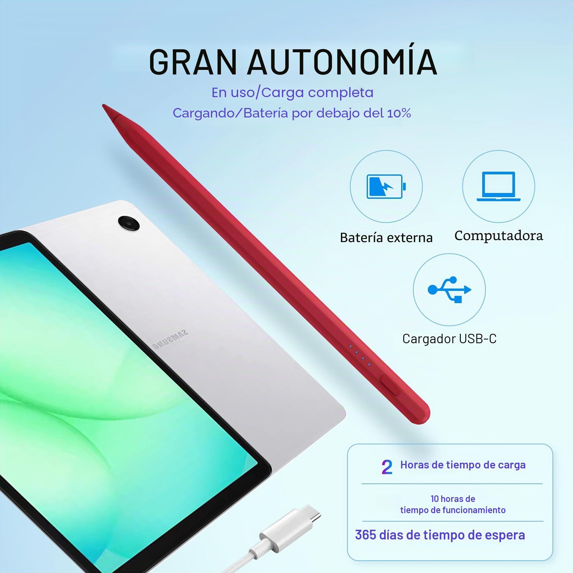 Pluma Stylus Tab A11+ para Samsung Galaxy Tab A11/A9/A9+Plus Tablet Android con carga rápida, precisos lápices S Pencil para pantallas táctiles (Rojo)